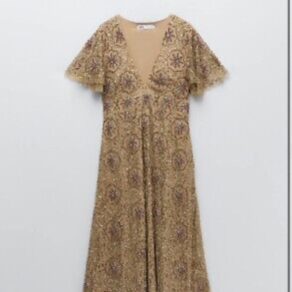 Zara Limited Edition Dress - Crotchet w Beading Tan Dress - Size XS - NWT